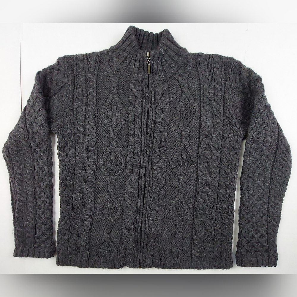 Inis Crafts Merino Wool Cardigan Womens Medium Gray Full Zip Cable Knit Ireland
